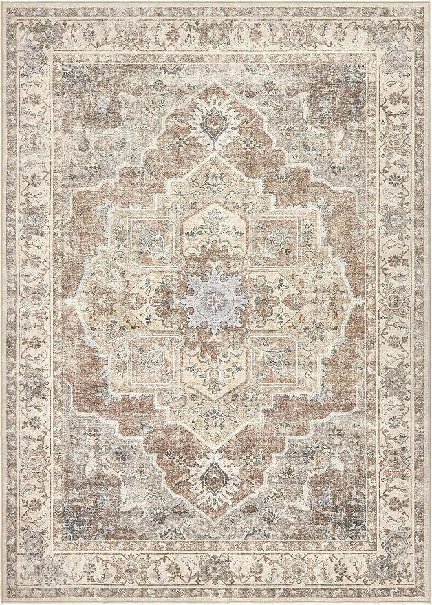 8x10 Washable Area Rug: Vintage Neutral Soft Non Slip Thin Large Floor Carpet - Image 9