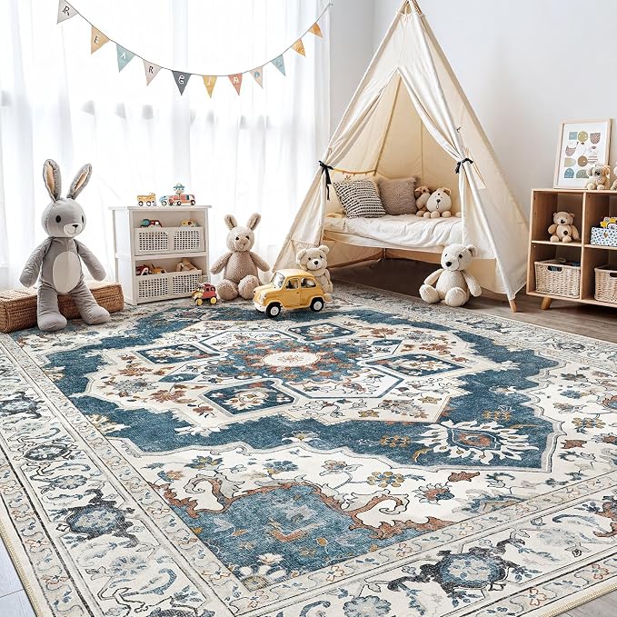 9x12 Washable Area Rug: Vintage Neutral Soft Non Slip Thin Large Floor Carpet - Image 8