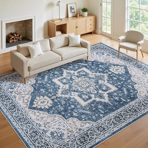 8x10 Area Rugs for Living Room:Blue Washable Vintage Medallion Boho Rug by Unknown