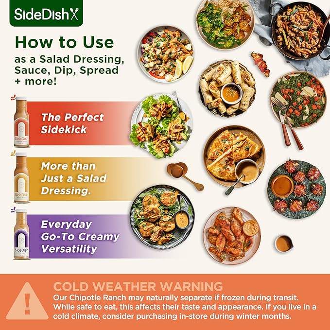 SideDish Salad Dressing Variety Pack (Pack of 3) – Chipotle Ranch, Creamy Sesame, Honey Dijon Made w/Avocado Oil – Healthy, Dairy & Gluten Free Cooking Sauces – Whole30 Dressing for Dips, Sauces