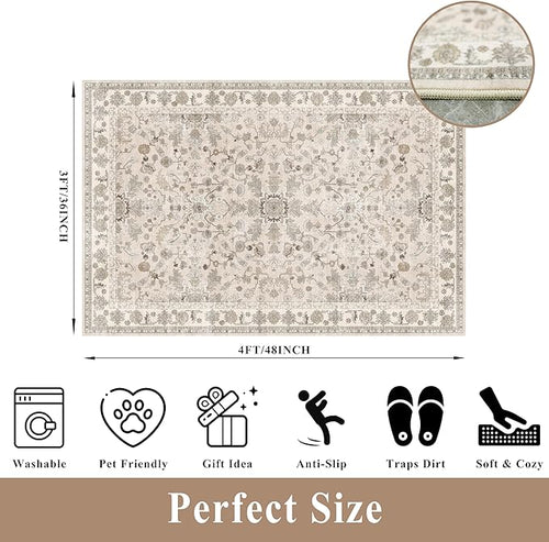 3x4 Entryway Rug Washable Non-Slip–Boho Floral Stain-Resistant Small Area Rug - Image 2