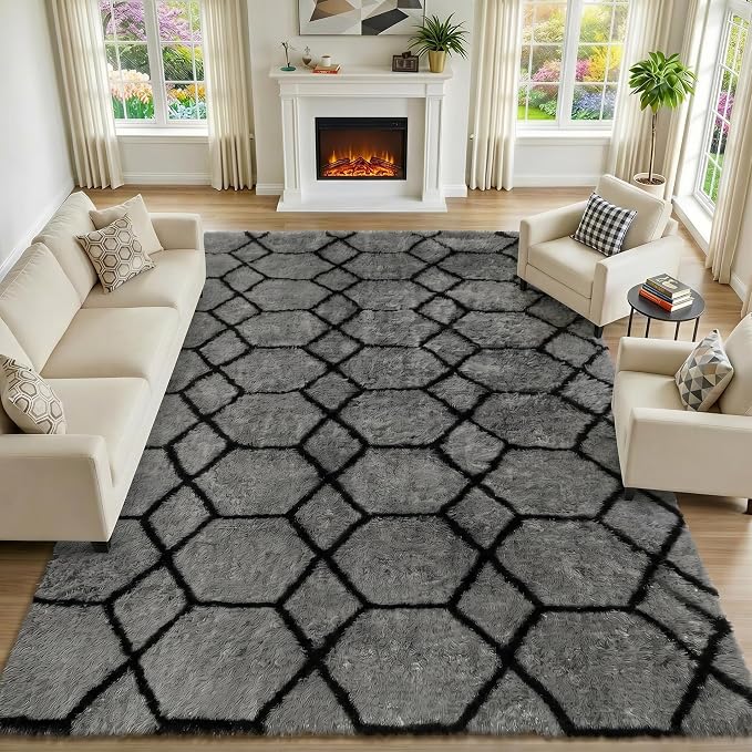 ONASAR 5x7 Area Rugs for Living Room Bedroom, Fluffy Grey and Black Throw Rug - Image 5