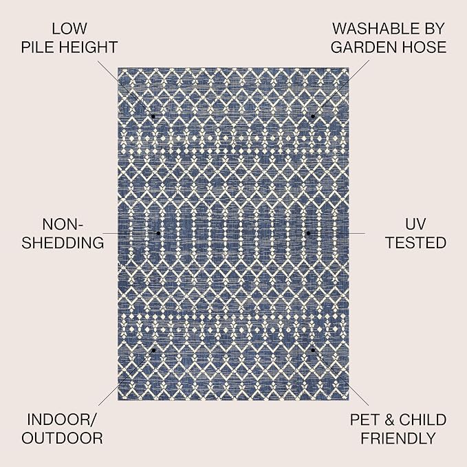 JONATHAN Y Moroccan Geometric Indoor Outdoor Area Rug 5X8 Navy/Beige, Ourika - Image 2