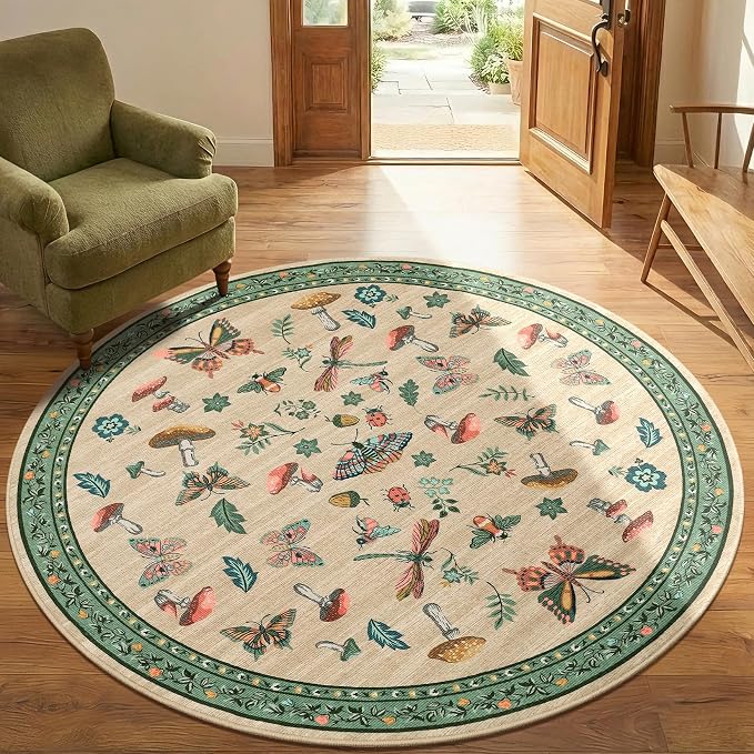 Mushroom Insect 5ft Round Rug Washable Non-Slip Soft Ultra-Thin Small Boho by ROYHOME