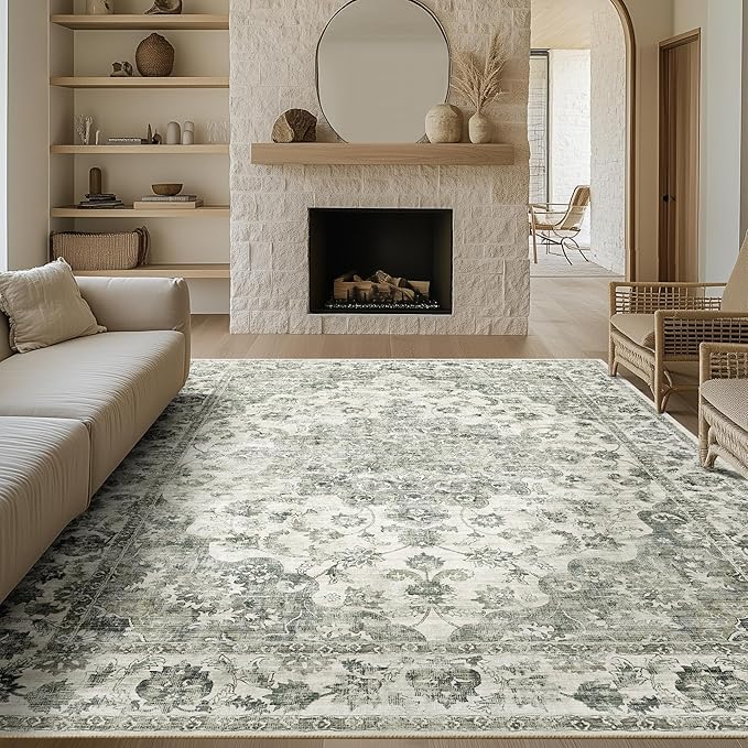 8x10 Washable Neutral Area Rug Green Vintage Living Room Bedroom Carpet - Image 3