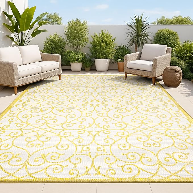 JONATHAN Y Vintage Filigree Indoor Outdoor Area Rug 9X12 Cream/Yellow, Madrid by JONATHANY