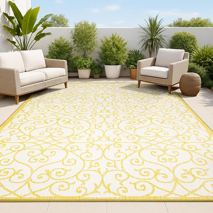 JONATHAN Y Vintage Filigree Indoor Outdoor Area Rug 5X8 Cream/Yellow, Madrid by JONATHANY