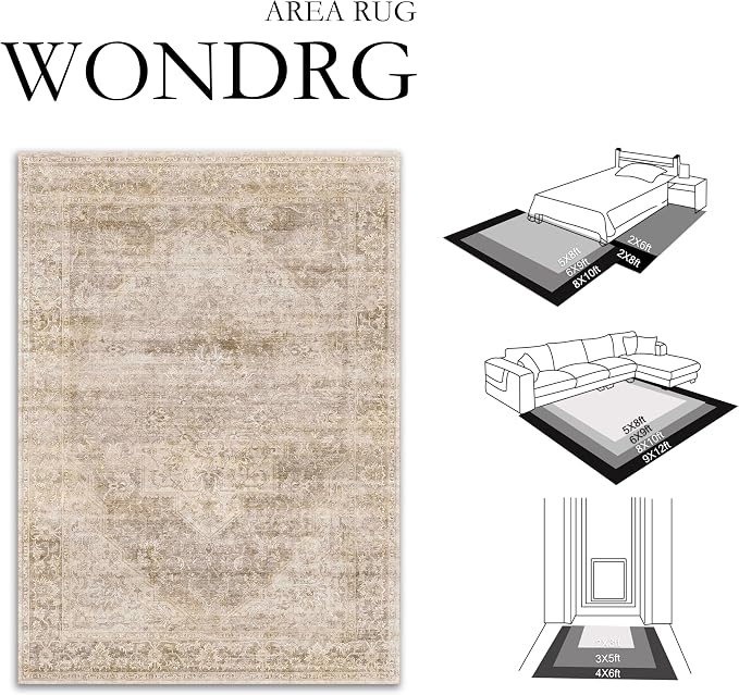 3x5 Washable Neutral Area Rug Beige Vintage Entryway Bathroom Carpet Non-Slip - Image 2