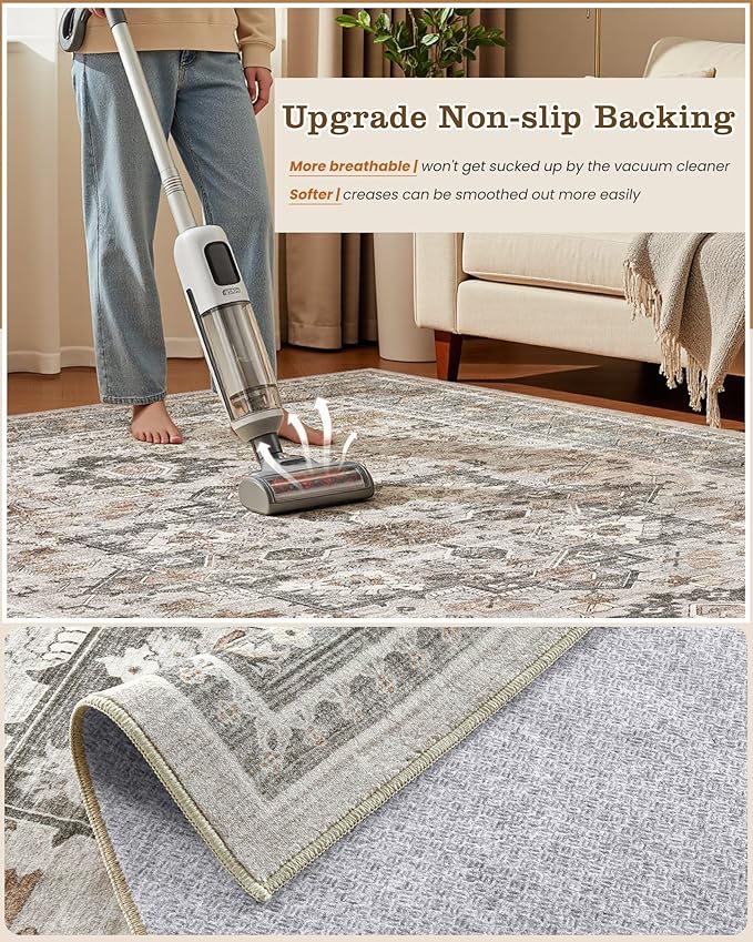 7x9 Vintage Area Rug: Washable Neutral Soft Non Slip Thin Large Floor Carpet - Image 5