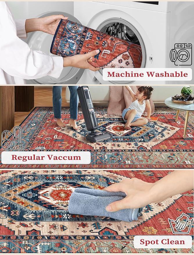 SERISSA Boho Washable Runner Rug, 2x6 Rug Runner Non-Slip Vintage Rust Hallway - Image 3