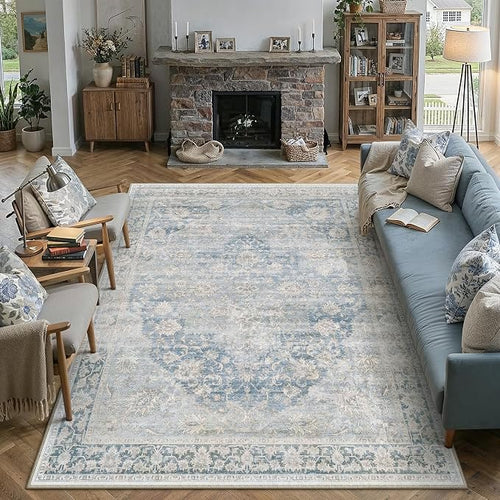 9x12 Neutral Area Rug Blue Vintage Living Room Bedroom Washable Carpet Non-Slip by WondRg