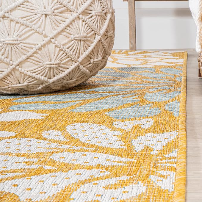 JONATHAN Y Floral Textured Weave Indoor Outdoor Square Area Rug 5X5 Yellow/Cream - Image 4