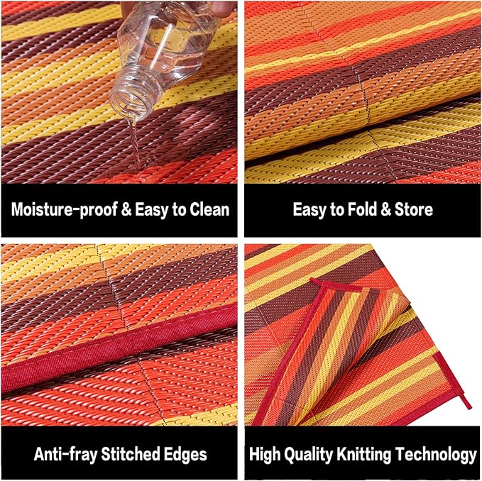 Outdoor Plastic Straw Rug Waterproof Patio 9x18 Red Orange Stripe Mat - Image 7