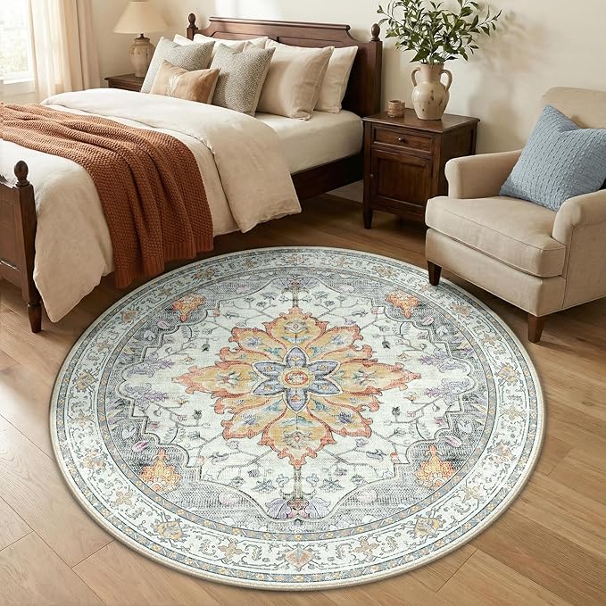 RELEANY Area Rugs Round 5ft Washable Non-Slip, Floral Vintage Distress by RELEANY