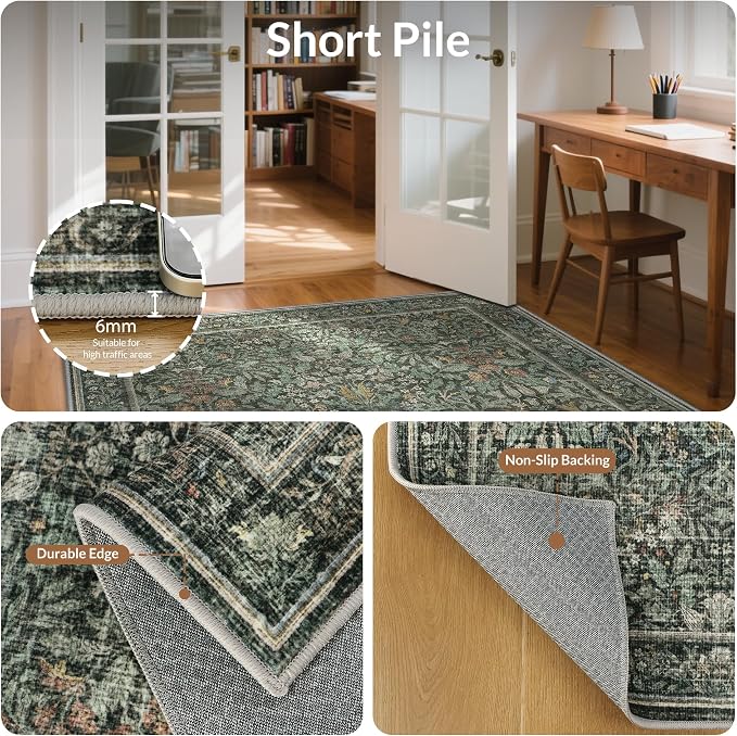 GENIMO 8x10 Washable Area Rug, Non-Slip Vintage Boho Floral Carpet, Large Area - Image 5