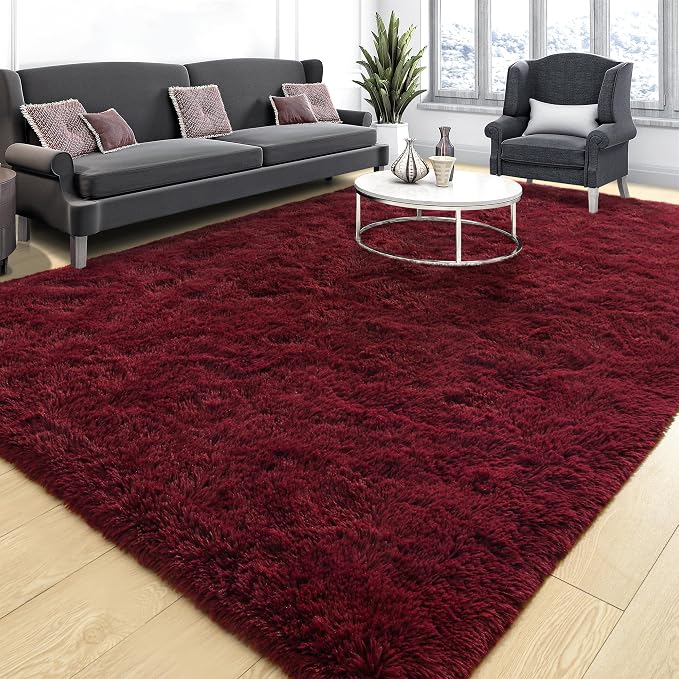 Tepook Fluffy Burgundy Rugs for Living Room, 5x8 Dark Red Area Rug for Bedroom by Tepook