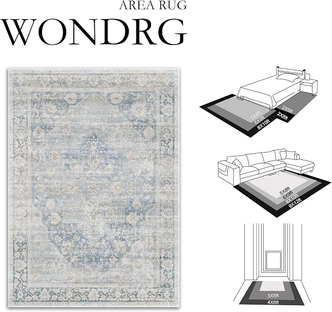 3x5 Washable Neutral Area Rug Blue Vintage Entryway Bathroom Carpet Non-Slip - Image 2