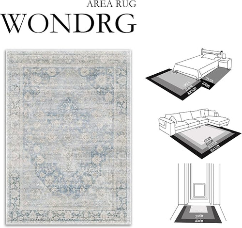 2x8 Washable Neutral Runner Rug Blue Vintage Hallway Kitchen Carpet Non-Slip - Image 2