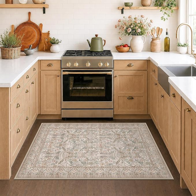 Moss Green Traditional 3x4 Kitchen Area Rug, Vintage Washable Rug by Evyhood