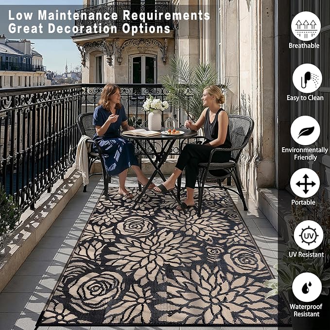 Outdoor Plastic Straw Rug Waterproof Patio 10x14 Black Brown Floral Mat - Image 4