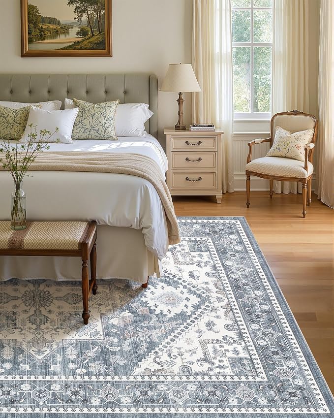 8x10 Vintage Area Rug: Washable Neutral Soft Non Slip Thin Large Floor Carpet - Image 3