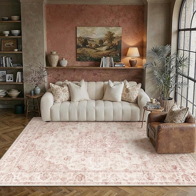 5x7 Washable Neutral Area Rug Pink Vintage Living Room Bedroom Carpet Non-Slip by WondRg