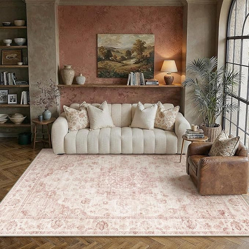6x9 Washable Neutral Area Rug Pink Vintage Living Room Bedroom Carpet Non-Slip by WondRg