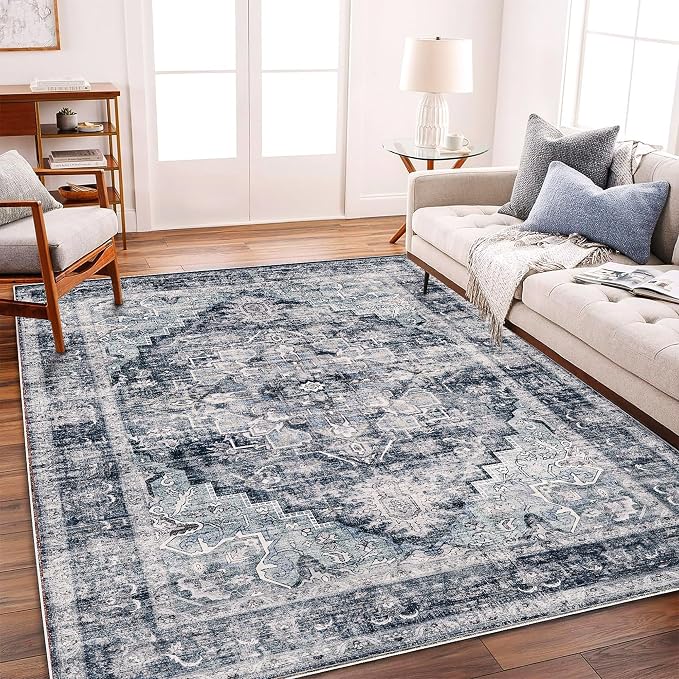 CHAMPLANT Area Rug 5'x7' Dark Blue Washable Vintage Traditional Floor Cover - Image 2