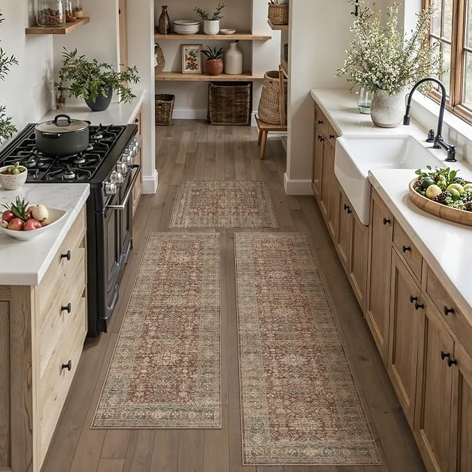 Vintage Kitchen Rug Set of 3 Washable Rust Kitchen Mats by WondRg