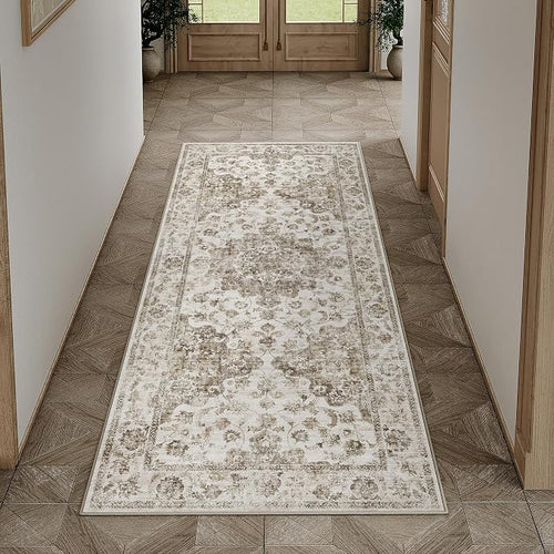 2x5 Washable Neutral Runner Rug Brown Vintage Hallway Kitchen Carpet Non-Slip by WondRg