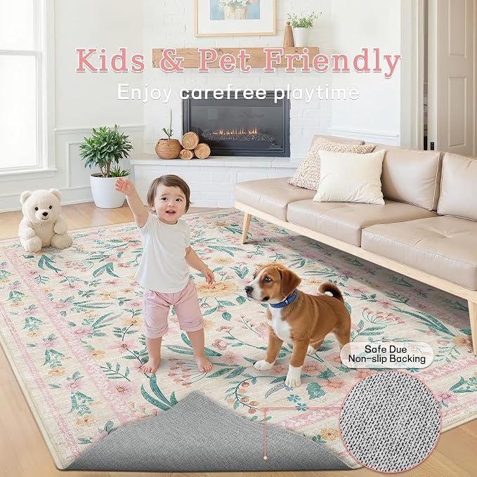 5x7 Pink Floral Nursery Rug, Machine Washable Non Slip Soft Faux Wool Carpet - Image 4