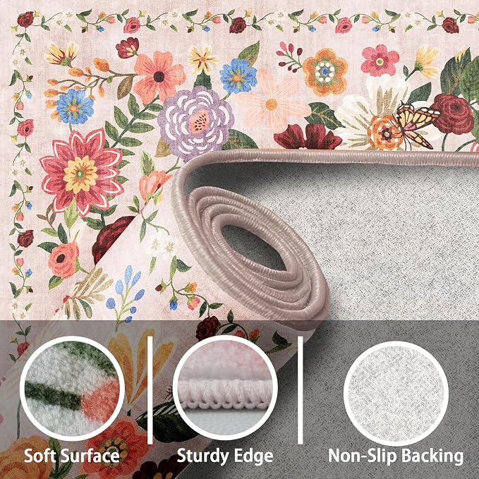 Rug for Hallways Kitchen Rug 3x7 Blush Garden, Non Slip Washable Runner Rug - Image 5