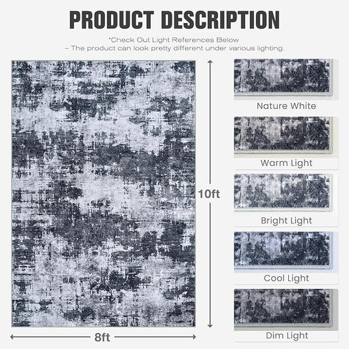 8x10 Area Rugs for Living Room Washable: Abstract Soft Thin Low Pile Black Rug - Image 2