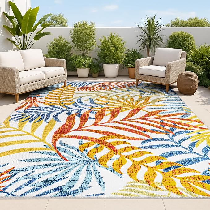 JONATHAN Y Tropics Palm Leaves Indoor Outdoor Area Rug 3X5 Cream/Orange by JONATHANY