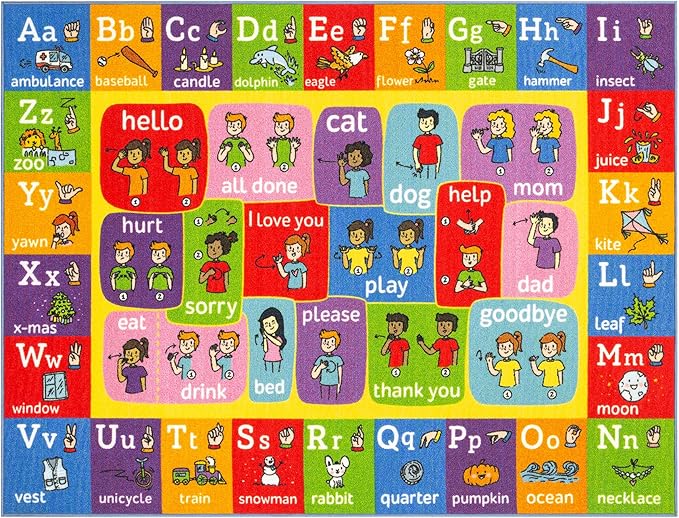 KC Cubs 5x7 ABC Alphabet ASL Sign Language Rug – Educational Non-Slip Carpet by KCCubsKidsHomeandFurnishing