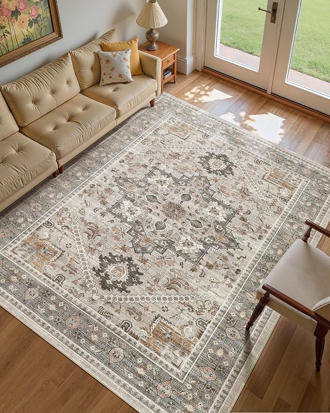 8x10 Vintage Area Rug: Washable Neutral Soft Non Slip Thin Large Floor Carpet by MICGEEK