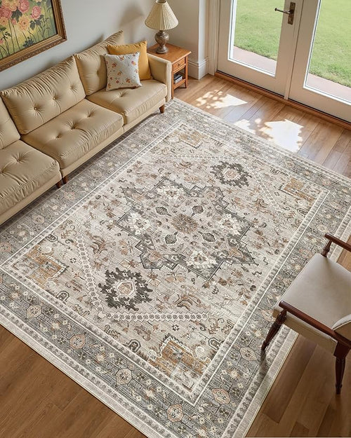 9x12 Vintage Area Rug: Washable Neutral Soft Non Slip Thin Large Floor Carpet by MICGEEK