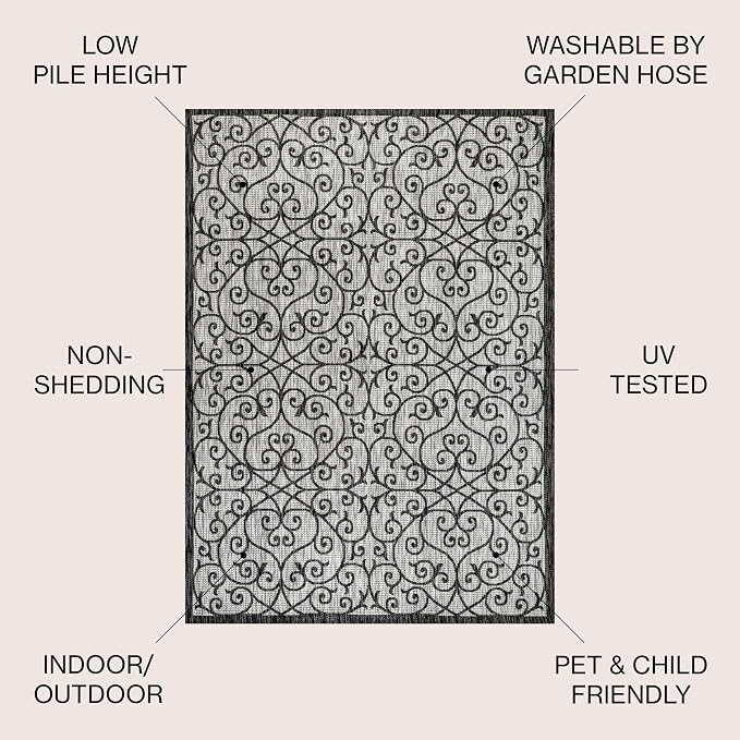 JONATHAN Y Vintage Filigree Indoor Outdoor Round Area Rug 9 Ft Light Gray/Black - Image 2