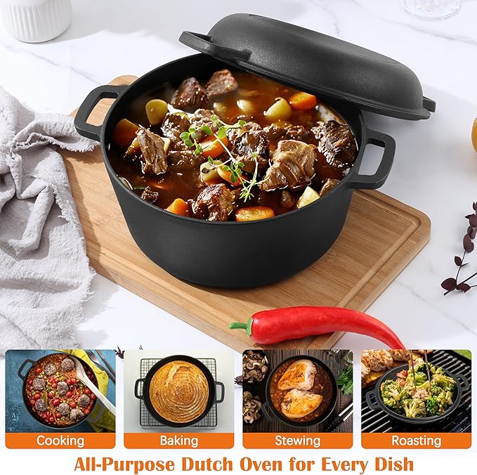 E-far 5QT Dutch Oven for Bread Baking, 2-IN-1 Cast Iron Pot - Image 5
