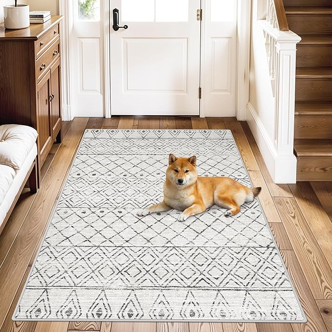 Moroccan 3x4 Washable Area Rug for Entryway Geo Grey | Non Slip Soft Texture by BYYVOORugsforYourHome