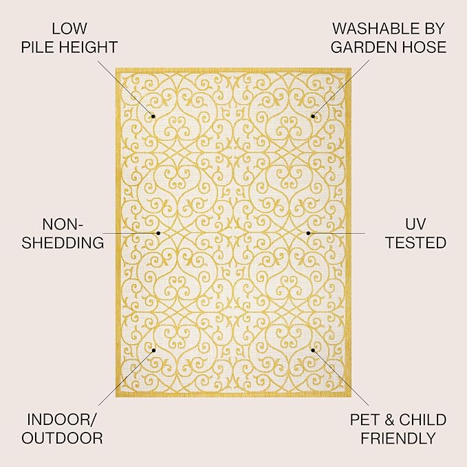 JONATHAN Y Vintage Filigree Indoor Outdoor Round Area Rug 5 Ft Cream/Yellow - Image 2