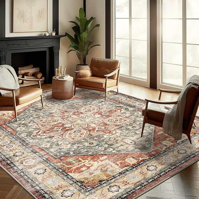 CHAMPLANT Washable Area Rug 10'x14' Red Khaki Retro Flowers Boho Design by CHAMPLANT