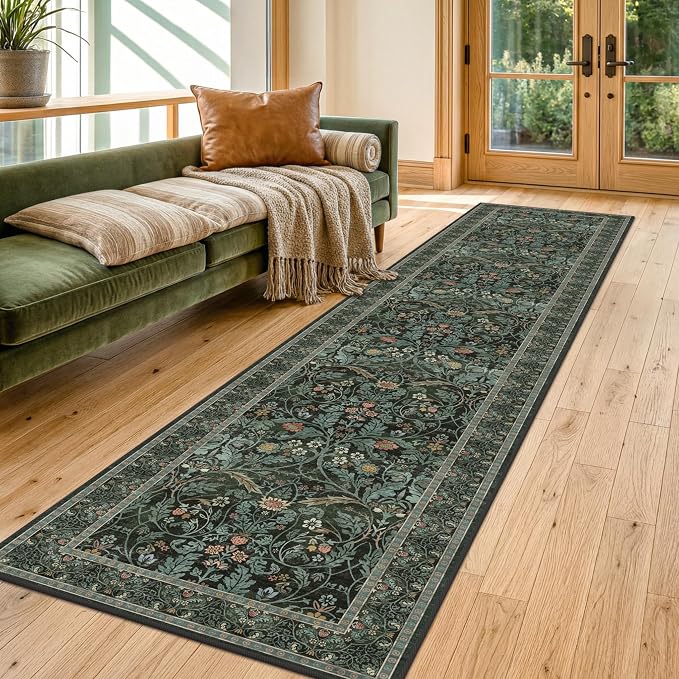 2x10 Long Hallwag Runner Rug 10ft, Washable Dark Green Indoor Floor Mats - Image 3