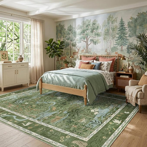 8x10 Washable Rug for Living Room Green Animal Print Large Bedroom Rugs Non - Image 2