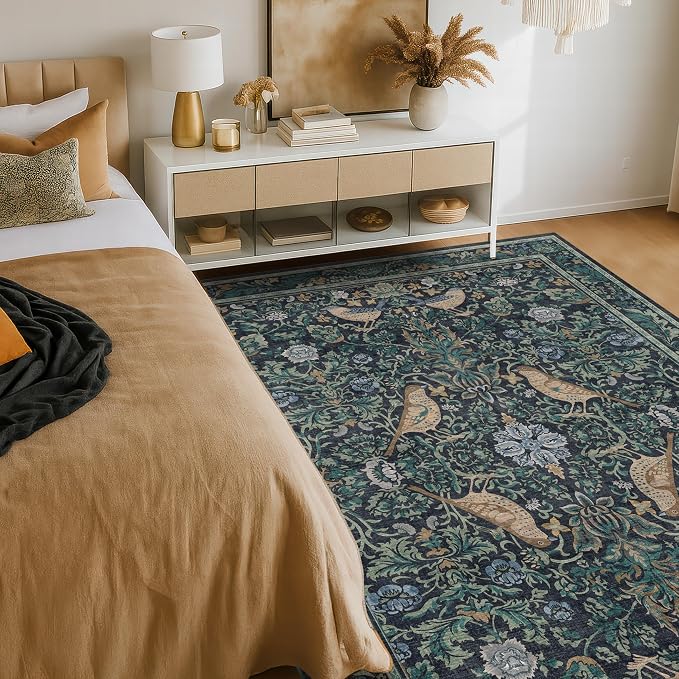 Cottagecore 5x7 Blue Rugs for Bedroom, Washable Forest Area Rug for Dining Room - Image 3