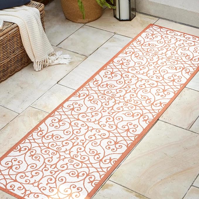 JONATHAN Y Vintage Filigree Indoor Outdoor Runner Rug 2X8 Cream/Orange - Image 3