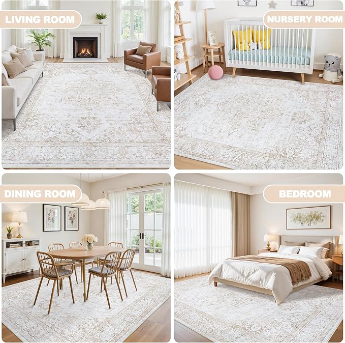 9x12 Area Rugs for Living Room:Beige Washable Vintage Medallion Rug Non-Slip - Image 6