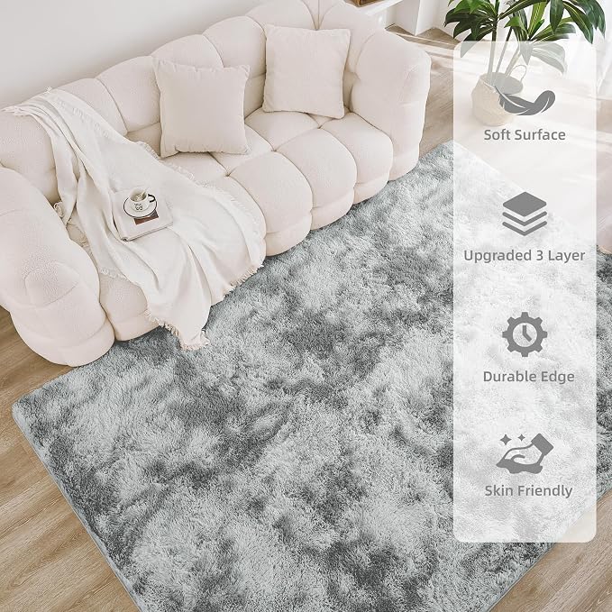 Litanika 3x5 Shag Area Rug for Living Room Bedroom, Tie-Dyed Light Grey High - Image 4