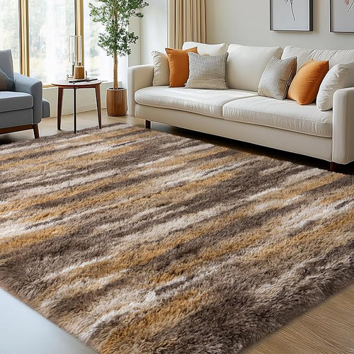 8x10 Shag Rugs for Living Room, Soft Fluffy Abstract Brown Fuzzy Large Area by WISHTREE
