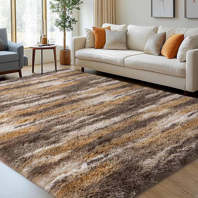 Fluffy Rugs for Living Room Bedroom, 5x7 Feet Abstract Brown Shag Area Rugs - Image 3